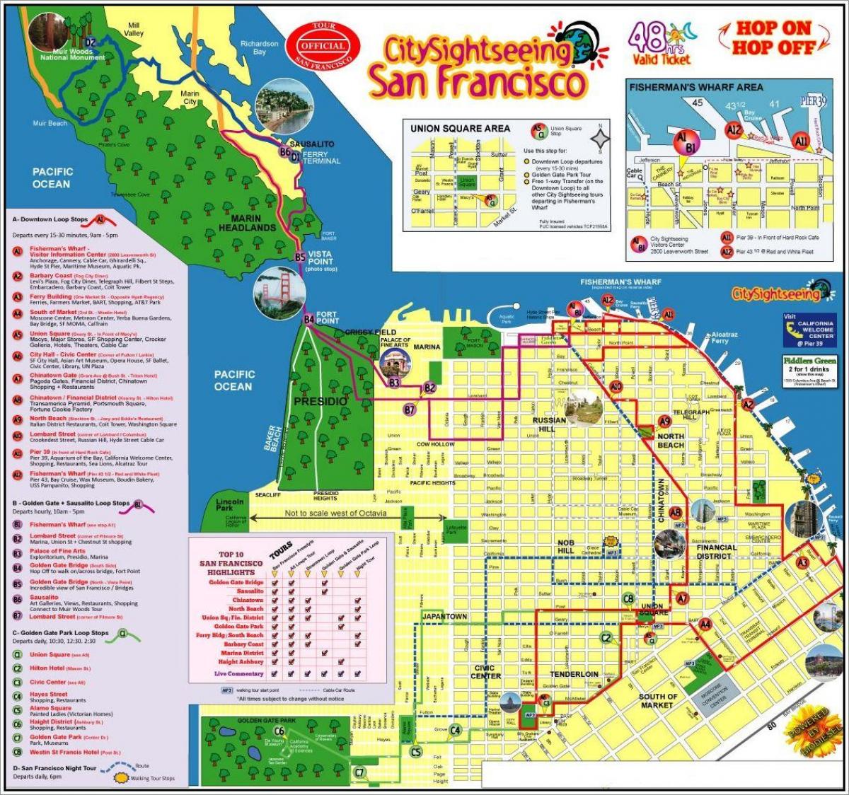 San Francisco hop trên xe buýt bản đồ du lịch